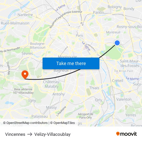 Vincennes to Velizy-Villacoublay map