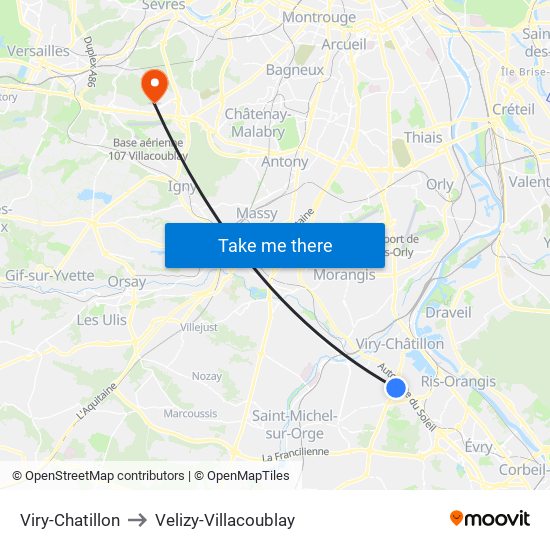 Viry-Chatillon to Velizy-Villacoublay map