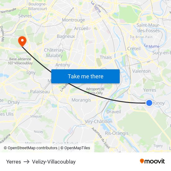 Yerres to Velizy-Villacoublay map