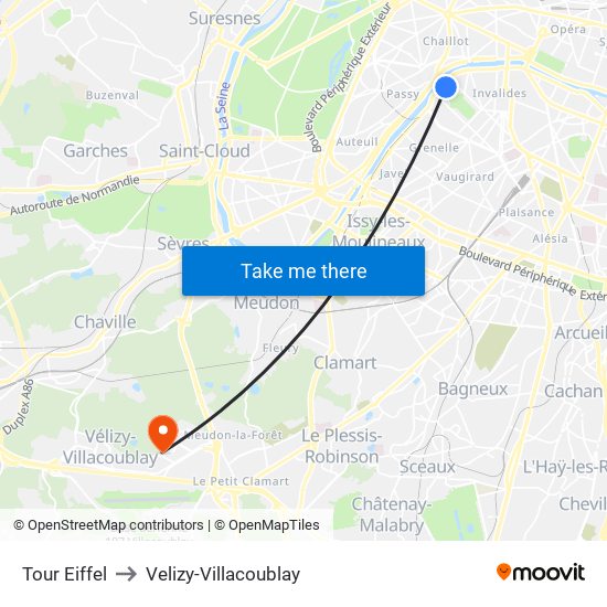 Eiffel Tower to Velizy-Villacoublay map