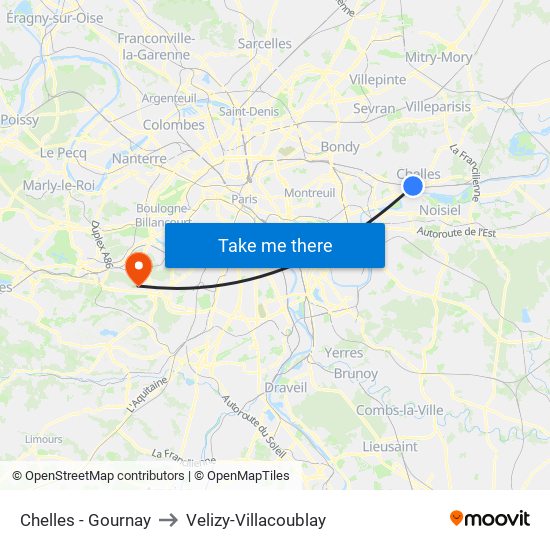 Chelles - Gournay to Velizy-Villacoublay map