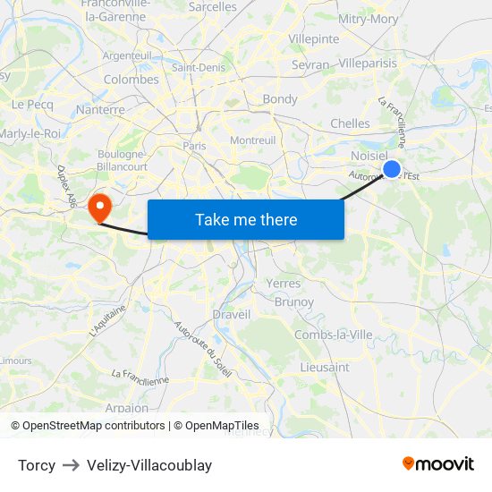 Torcy to Velizy-Villacoublay map