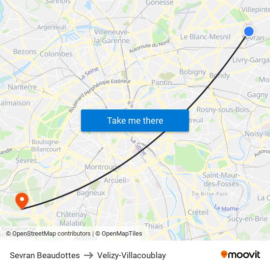 Sevran Beaudottes to Velizy-Villacoublay map