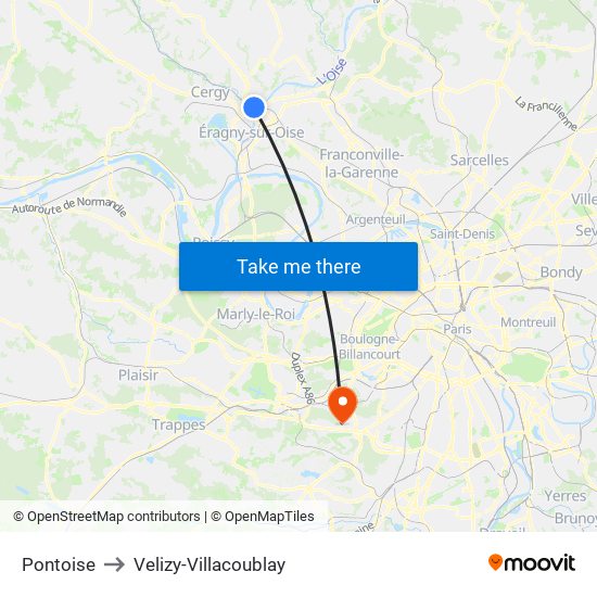 Pontoise to Velizy-Villacoublay map