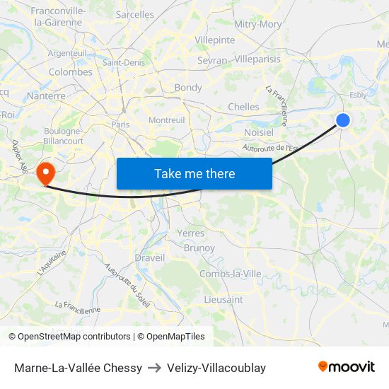 Marne-La-Vallée Chessy to Velizy-Villacoublay map