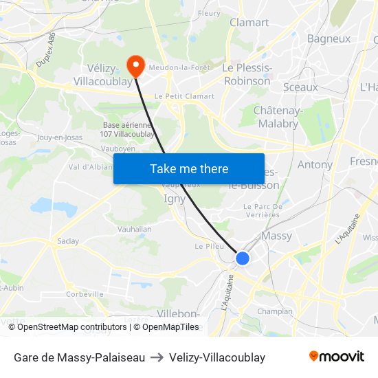 Gare de Massy-Palaiseau to Velizy-Villacoublay map