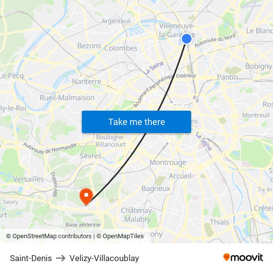 Saint-Denis to Velizy-Villacoublay map