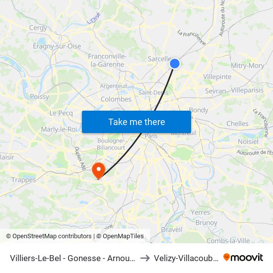 Villiers-Le-Bel - Gonesse - Arnouville to Velizy-Villacoublay map