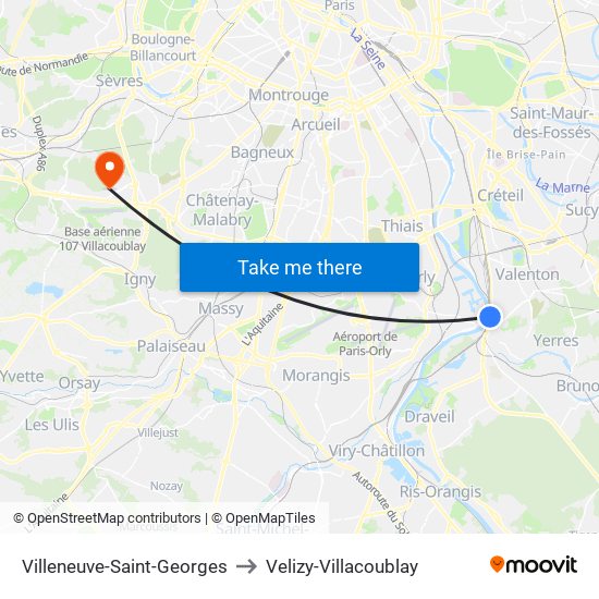 Villeneuve-Saint-Georges to Velizy-Villacoublay map