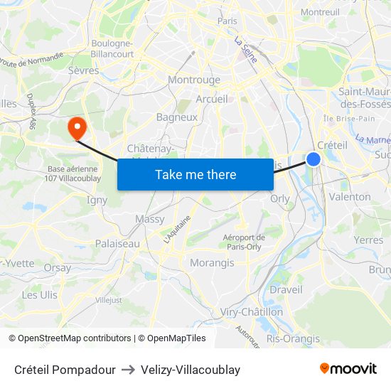 Créteil Pompadour to Velizy-Villacoublay map