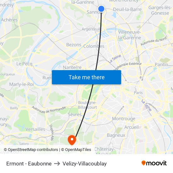 Ermont - Eaubonne to Velizy-Villacoublay map