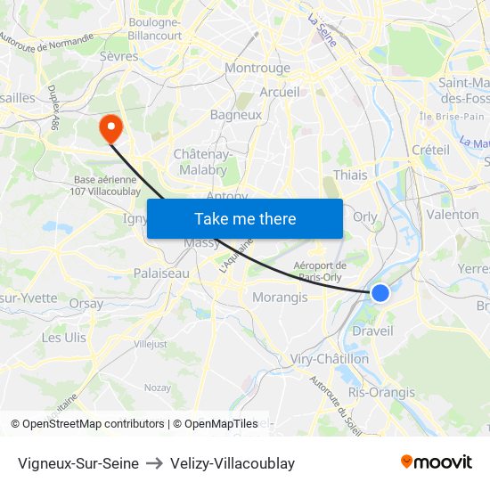 Vigneux-Sur-Seine to Velizy-Villacoublay map