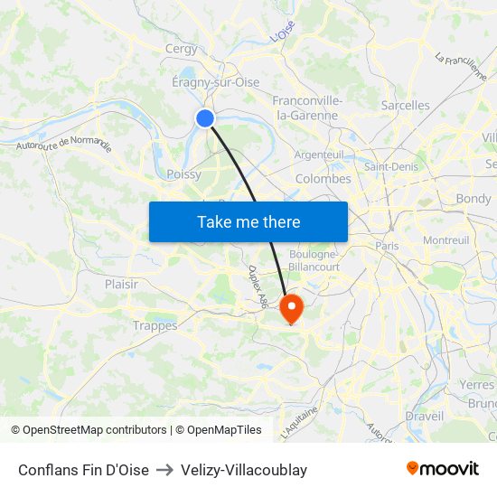 Conflans Fin D'Oise to Velizy-Villacoublay map