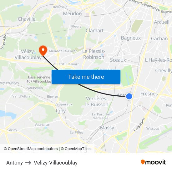 Antony to Velizy-Villacoublay map