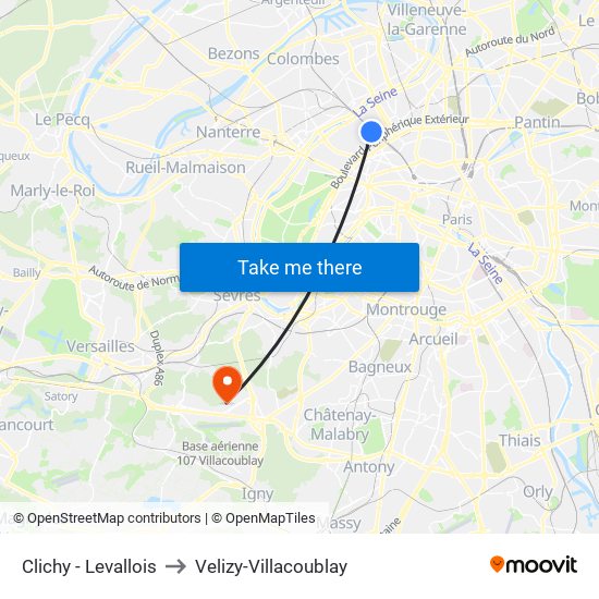 Clichy - Levallois to Velizy-Villacoublay map