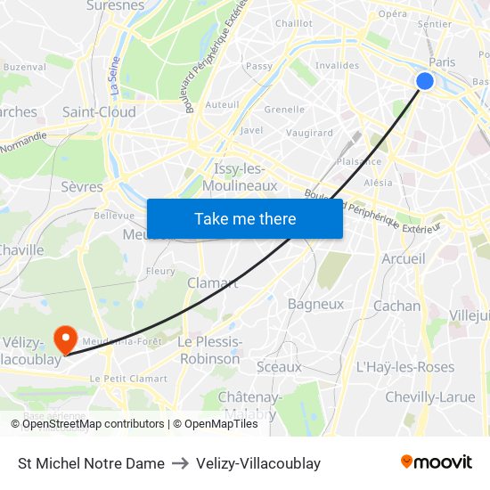 St Michel Notre Dame to Velizy-Villacoublay map