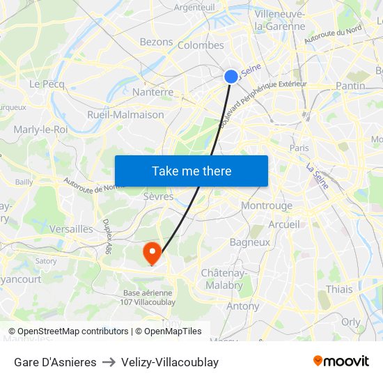 Gare D'Asnieres to Velizy-Villacoublay map