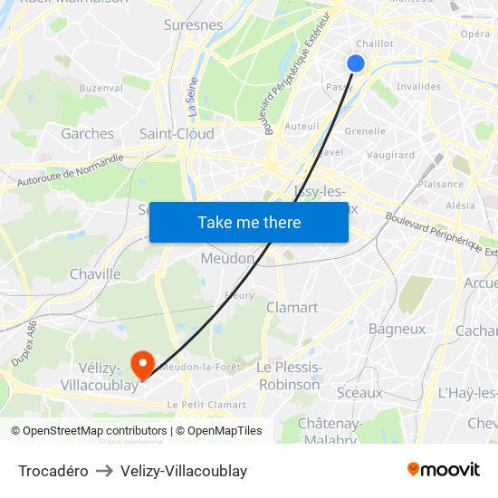 Trocadéro to Velizy-Villacoublay map