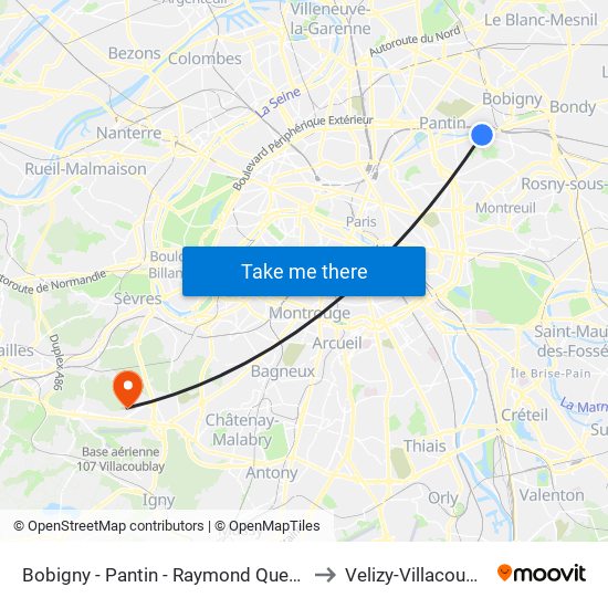 Bobigny - Pantin - Raymond Queneau to Velizy-Villacoublay map