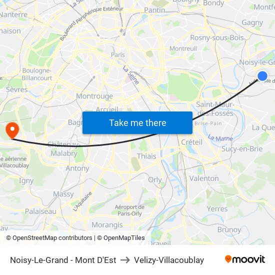 Noisy-Le-Grand - Mont D'Est to Velizy-Villacoublay map