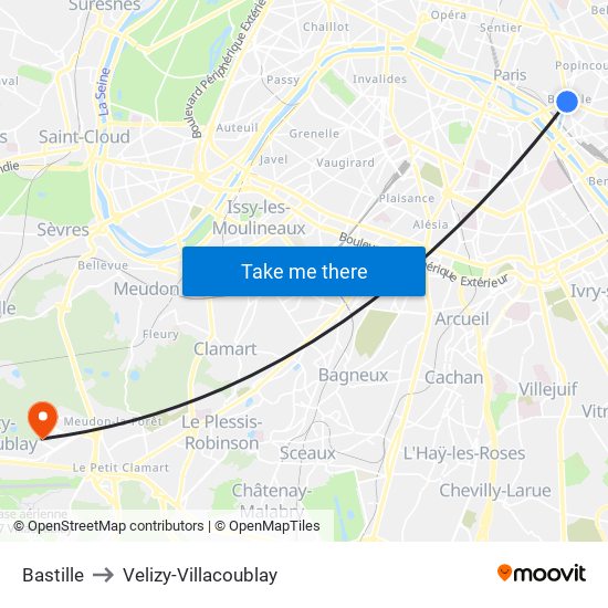 Bastille to Velizy-Villacoublay map