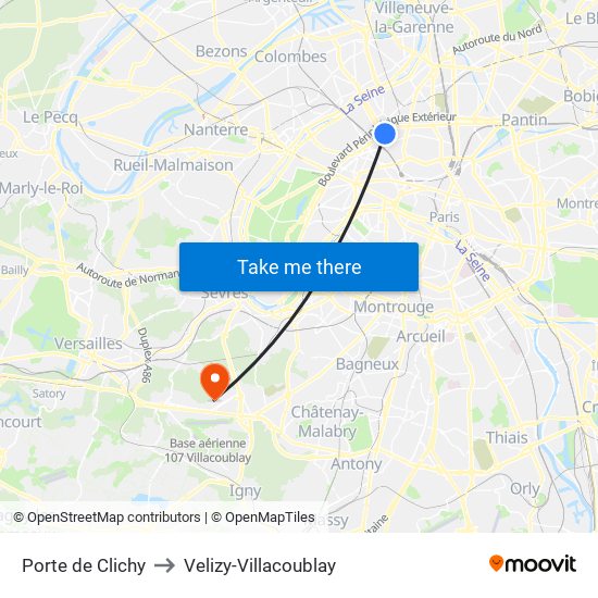 Porte de Clichy to Velizy-Villacoublay map