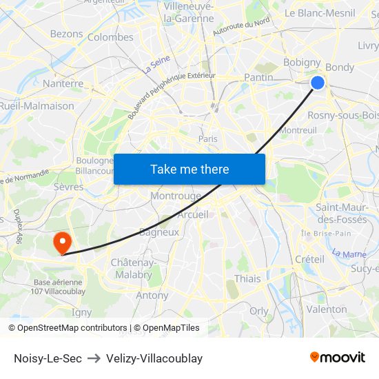 Noisy-Le-Sec to Velizy-Villacoublay map