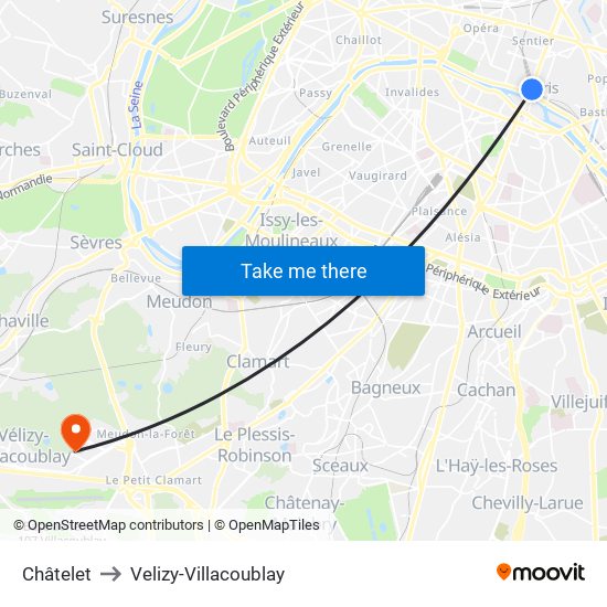 Châtelet to Velizy-Villacoublay map