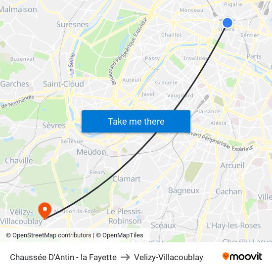 Chaussée D'Antin - la Fayette to Velizy-Villacoublay map