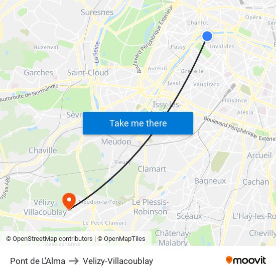 Pont de L'Alma to Velizy-Villacoublay map