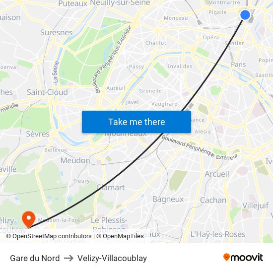 Gare du Nord to Velizy-Villacoublay map