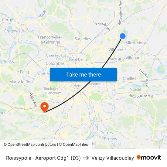 Roissypole - Aéroport Cdg1 (D3) to Velizy-Villacoublay map