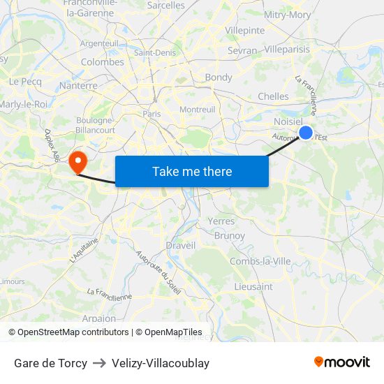 Gare de Torcy to Velizy-Villacoublay map