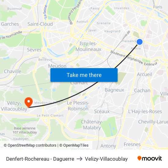 Denfert-Rochereau - Daguerre to Velizy-Villacoublay map