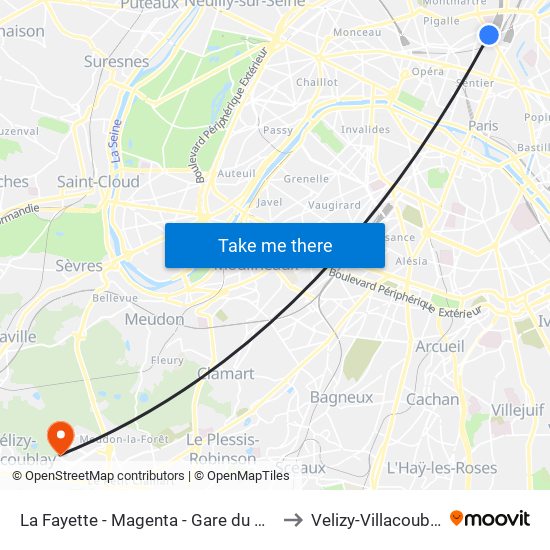 La Fayette - Magenta - Gare du Nord to Velizy-Villacoublay map