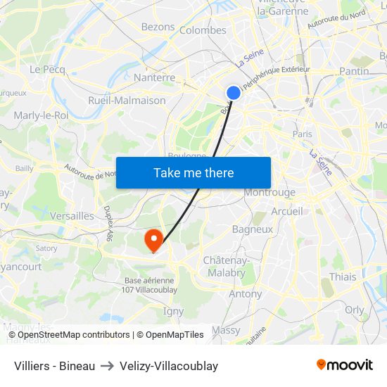 Villiers - Bineau to Velizy-Villacoublay map