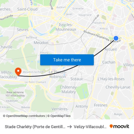 Stade Charléty (Porte de Gentilly) to Velizy-Villacoublay map