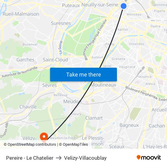 Pereire - Le Chatelier to Velizy-Villacoublay map