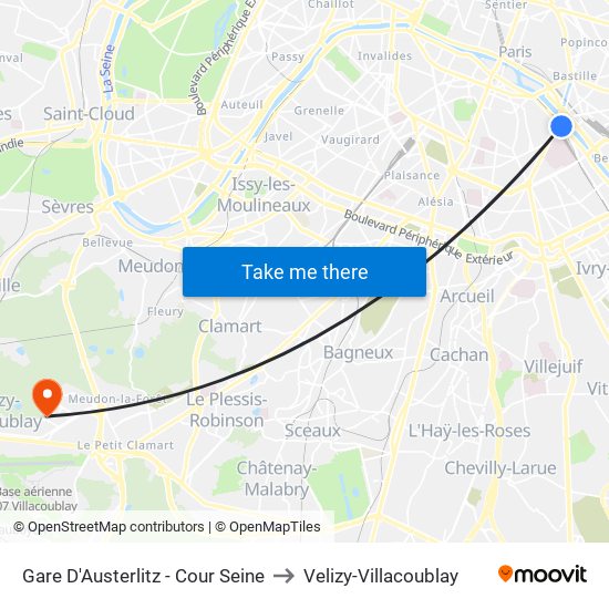 Gare D'Austerlitz - Cour Seine to Velizy-Villacoublay map