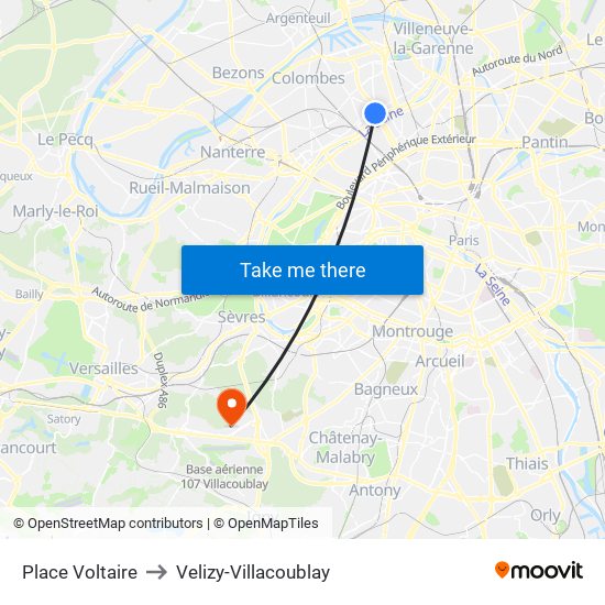 Place Voltaire to Velizy-Villacoublay map
