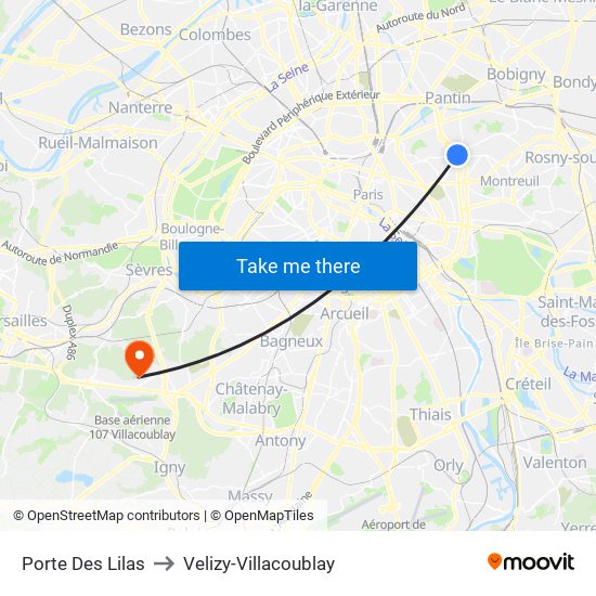 Porte Des Lilas to Velizy-Villacoublay map