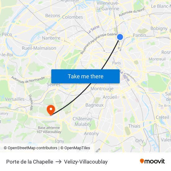 Porte de la Chapelle to Velizy-Villacoublay map