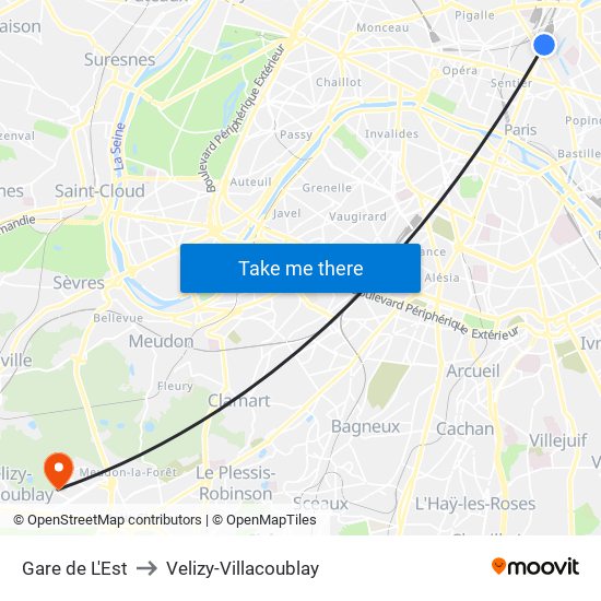 Gare de L'Est to Velizy-Villacoublay map