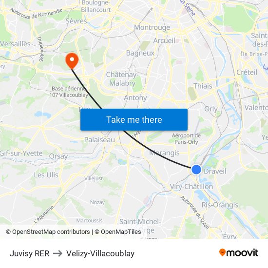Juvisy RER to Velizy-Villacoublay map
