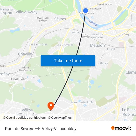 Pont de Sèvres to Velizy-Villacoublay map