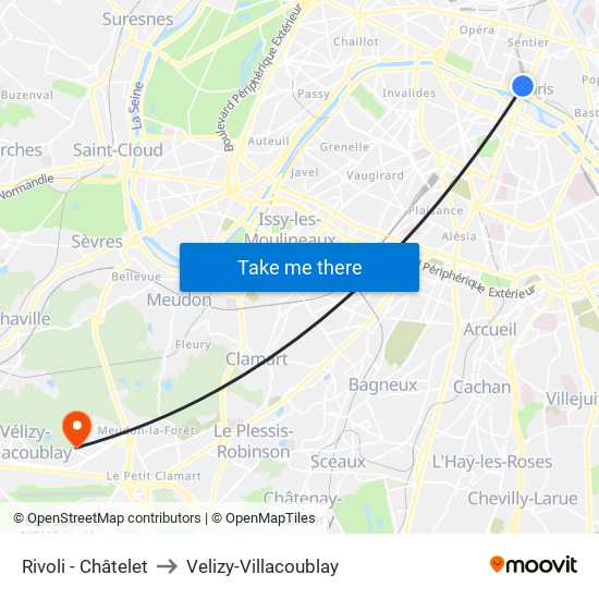 Rivoli - Châtelet to Velizy-Villacoublay map