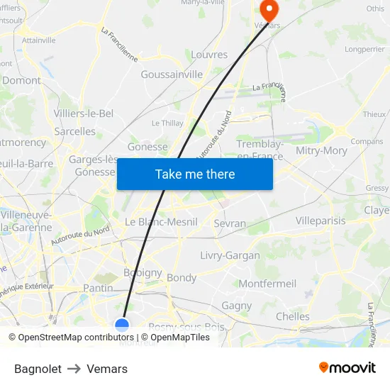 Bagnolet to Vemars map