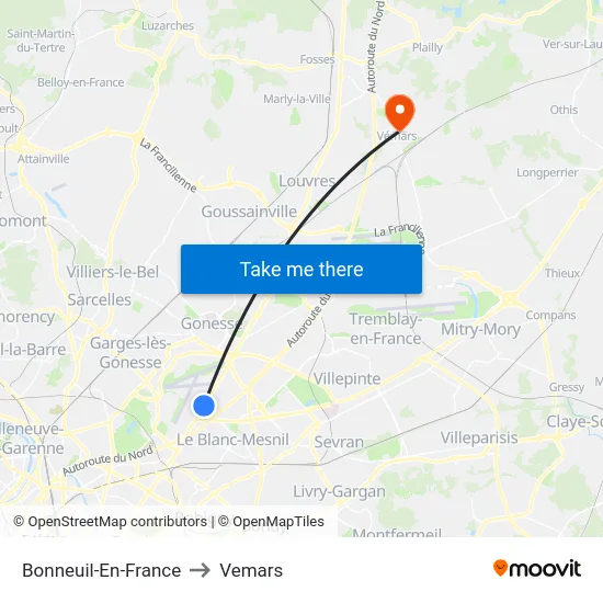Bonneuil-En-France to Vemars map