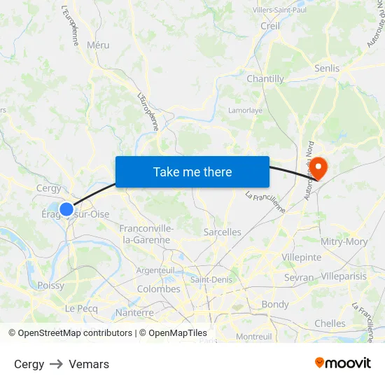 Cergy to Vemars map