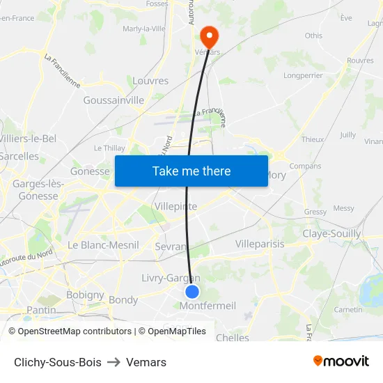 Clichy-Sous-Bois to Vemars map